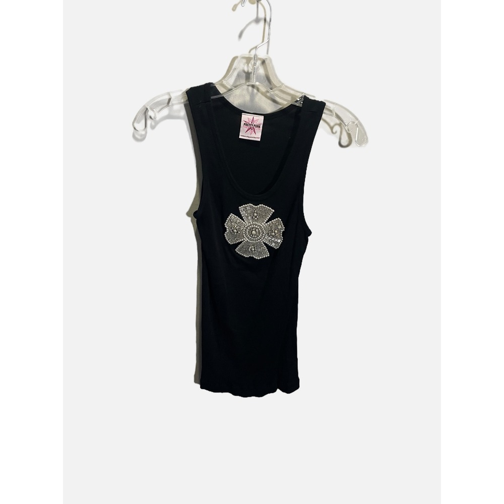 Pretty Punk Tank Top Womens S Black Beaded Floral Applique Ribbed Y2K Edgy Emo